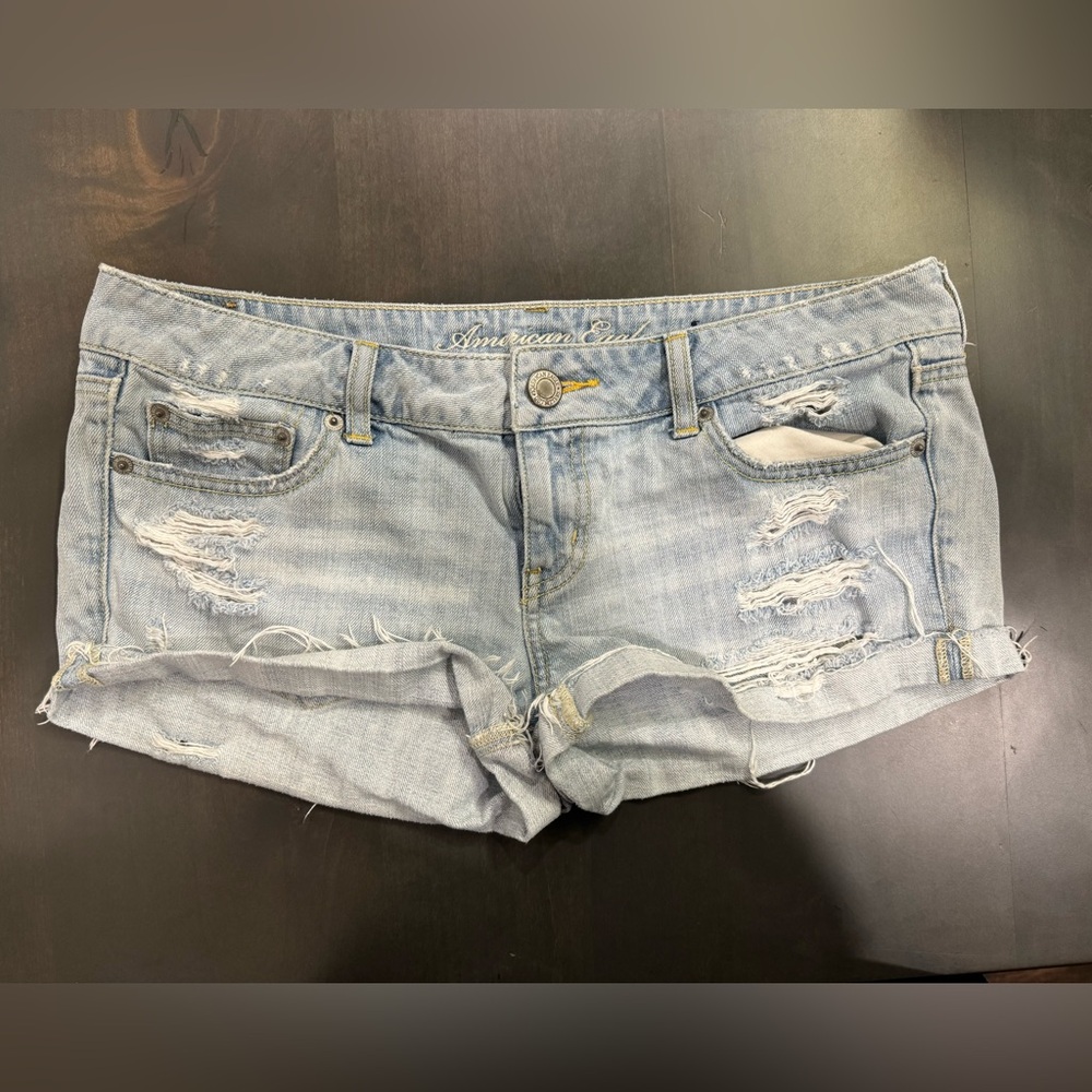 EUC AEO American Eagle AE Jean Denim Shortie Shorts Frayed Distressed Siz…